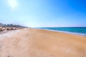 Ein weiter Sandstrand mit sanften Wellen, blauem Himmel und vereinzelter Vegetation am Ufer.