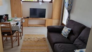 A living room with a dark brown sofa, a TV on a wooden stand, a dining table with chairs, and a patterned rug. - Studio Indépendant Refait à Neuf (Villiers-Saint-Denis)