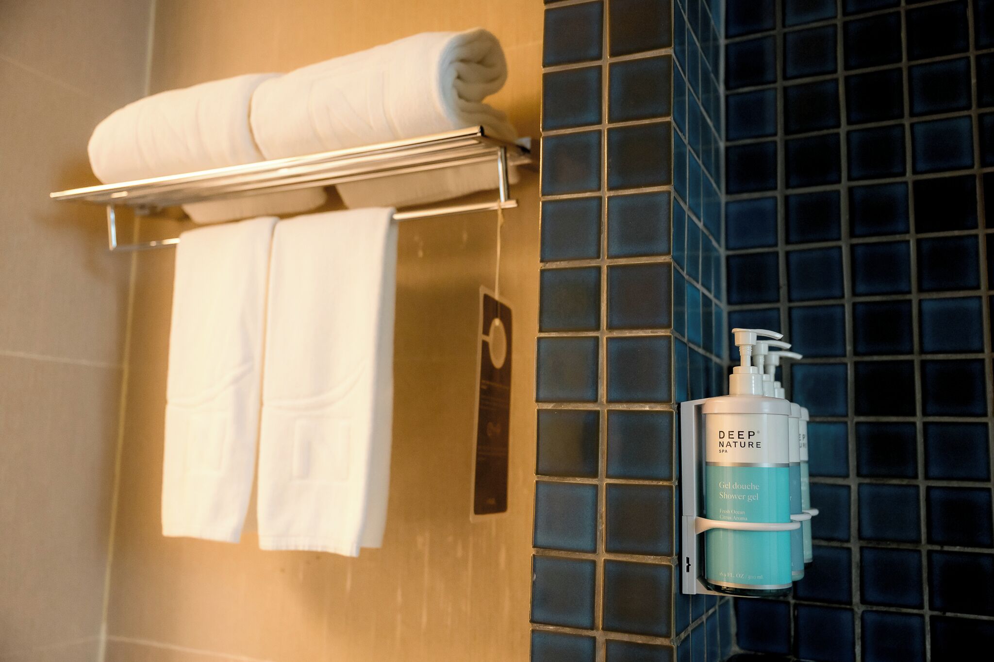 A bathroom with a towel rack holding two towels, a dispenser with a bottle of shower gel, and a tiled wall.