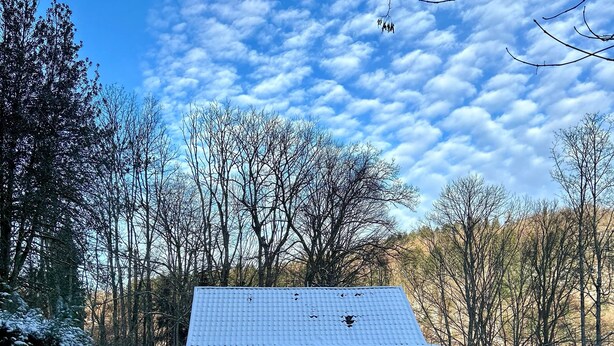 Une cabane en bois dont le toit est recouvert de neige, entourée d’arbres et bordée d’un sentier enneigé.