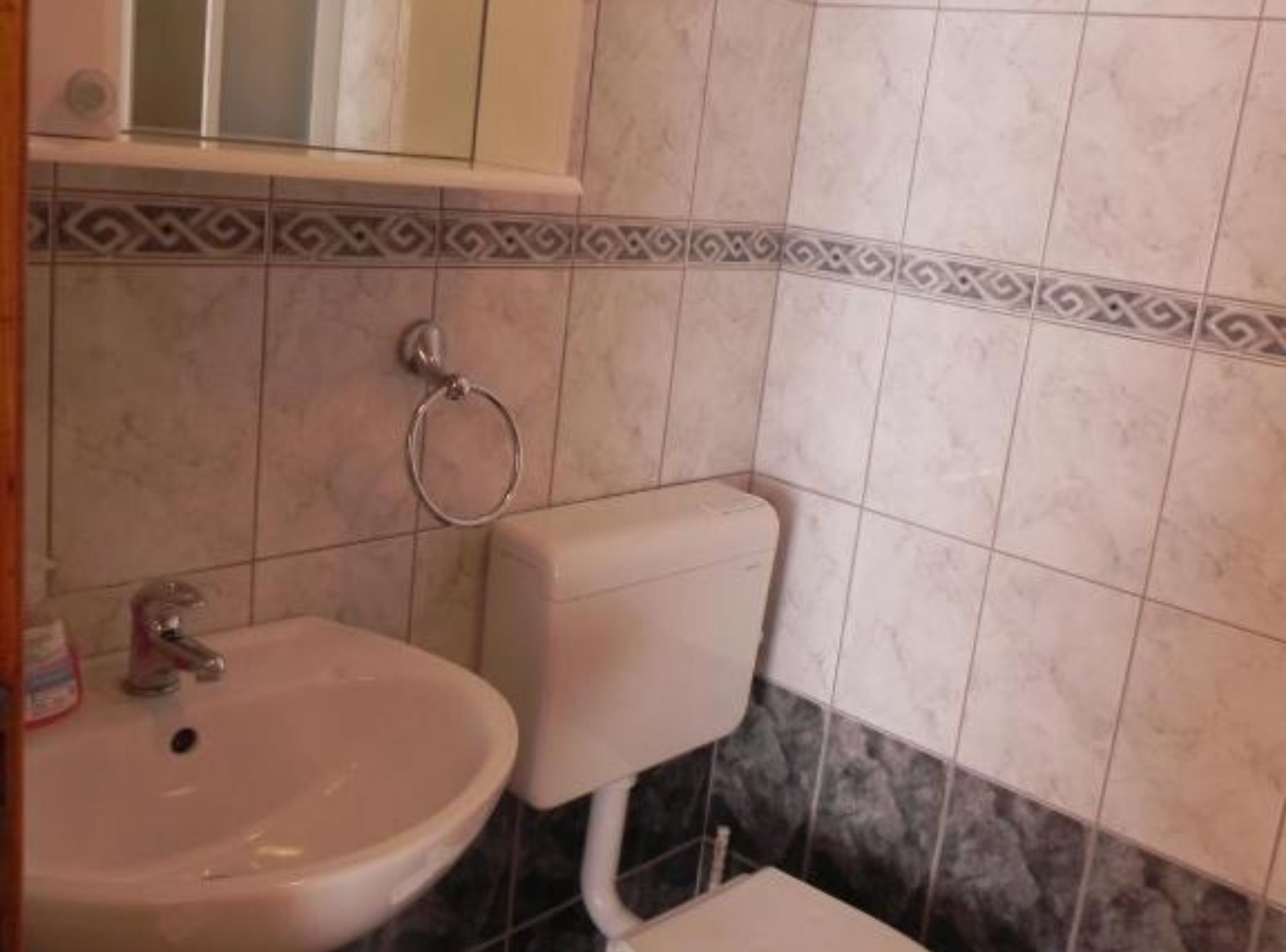 Une salle de bain équipée d’un lavabo, de toilettes et d’un porte-serviettes.