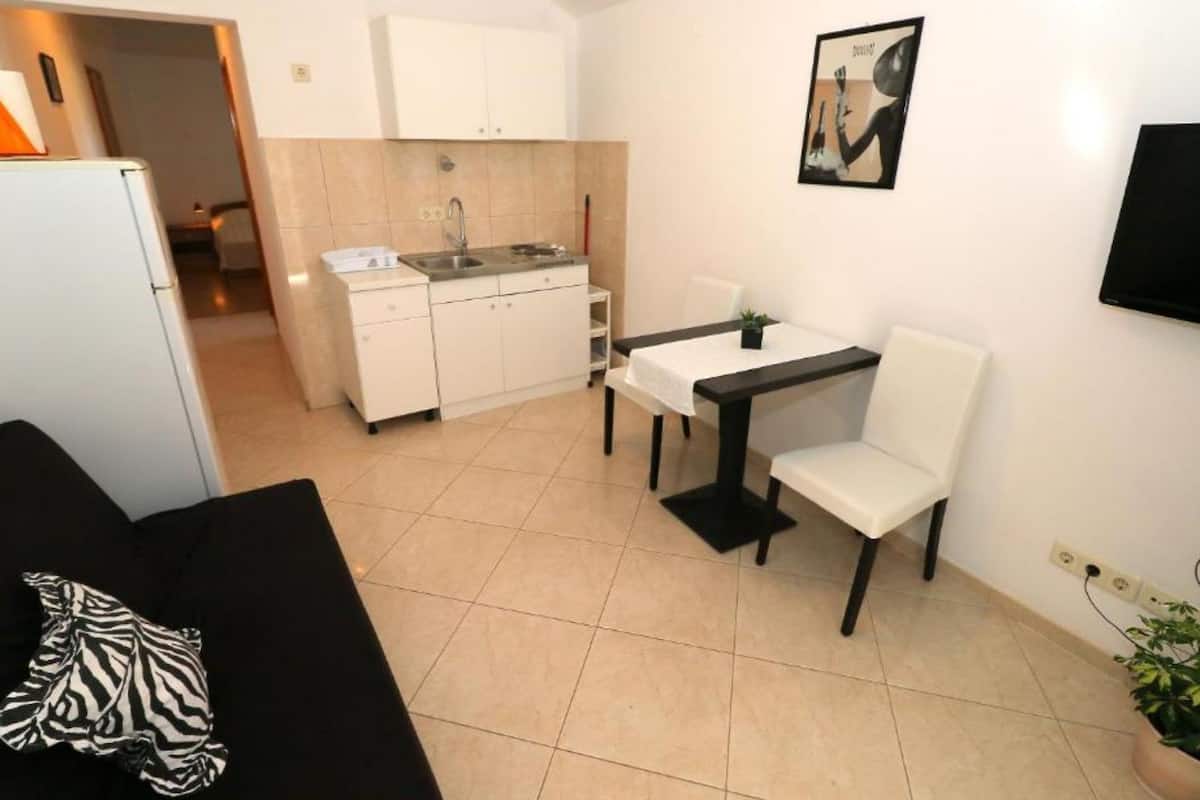 A compact living space with a kitchenette, a dining table with two chairs, a black sofa with a zebra-patterned pillow, and a mounted TV.