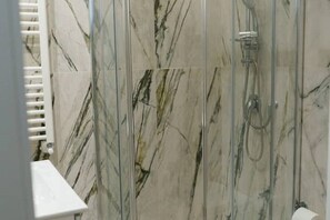 Shower, hair dryer, bidet, towels