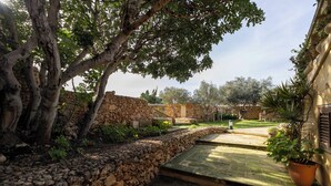 Un camino de piedra que lleva a un patio con un muro de piedra y plantas en macetas.