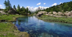 A clear mountain lake surrounded by rocks and greenery.