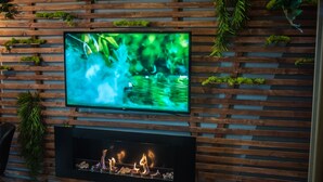 Una sala de estar moderna con un televisor de pantalla plana montado en una pared de madera, una chimenea abajo y plantas verdes decorando el espacio.