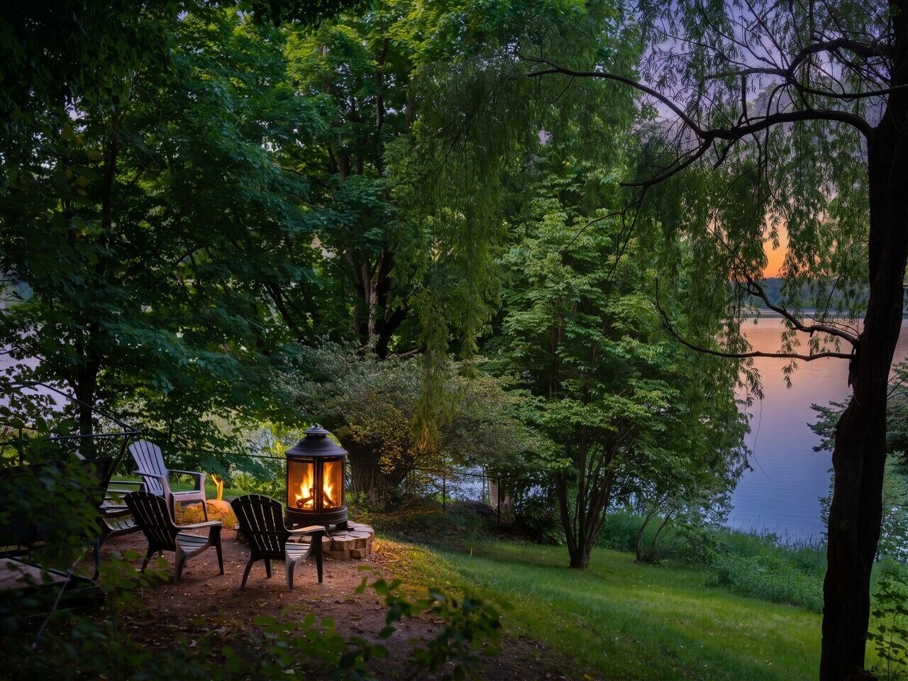 A serene outdoor seating area with Adirondack chairs and a lantern, surrounded by lush greenery and a view of a lake.