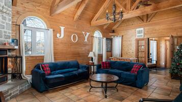 Televisio, takka, DVD-soitin, työhuone