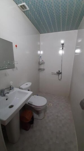 Habitación estándar con 2 camas individuales | Baño | Regadera, regadera tipo lluvia, secadora de cabello, pantuflas 