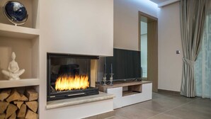 A modern living room with a fireplace, a television, and a meditation statue. - Villa Providenca with heated pool (Debeljak)