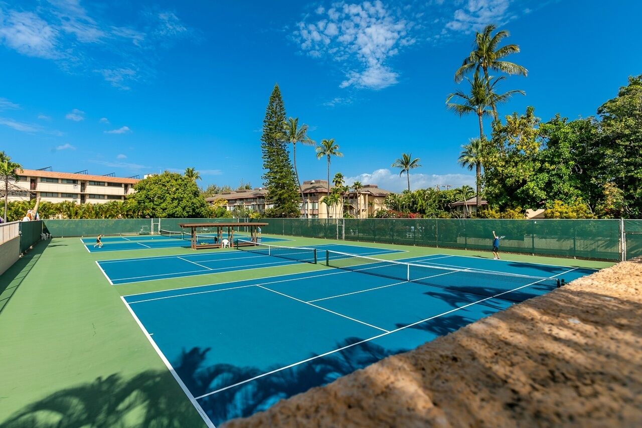 Canchas de tenis múltiples, rodeadas de palmeras y un edificio al fondo.