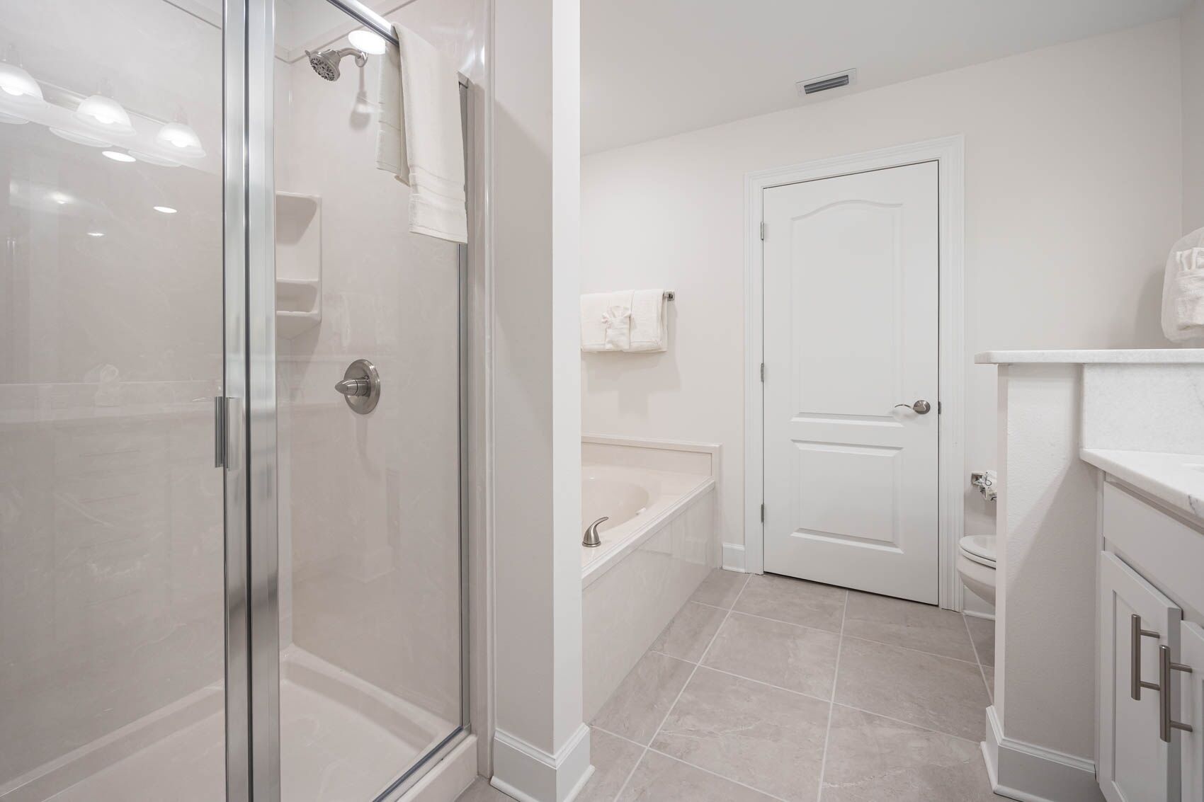 A modern bathroom with a glass shower enclosure, a bathtub, and a toilet.