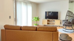 Een moderne woonkamer met een bank, een televisie, een houten kast, een plant en een rieten stoel.