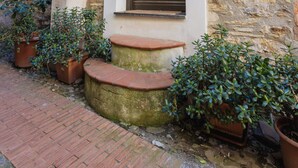 Un edificio de piedra con una puerta marrón, número 14, y plantas en macetas en la entrada.