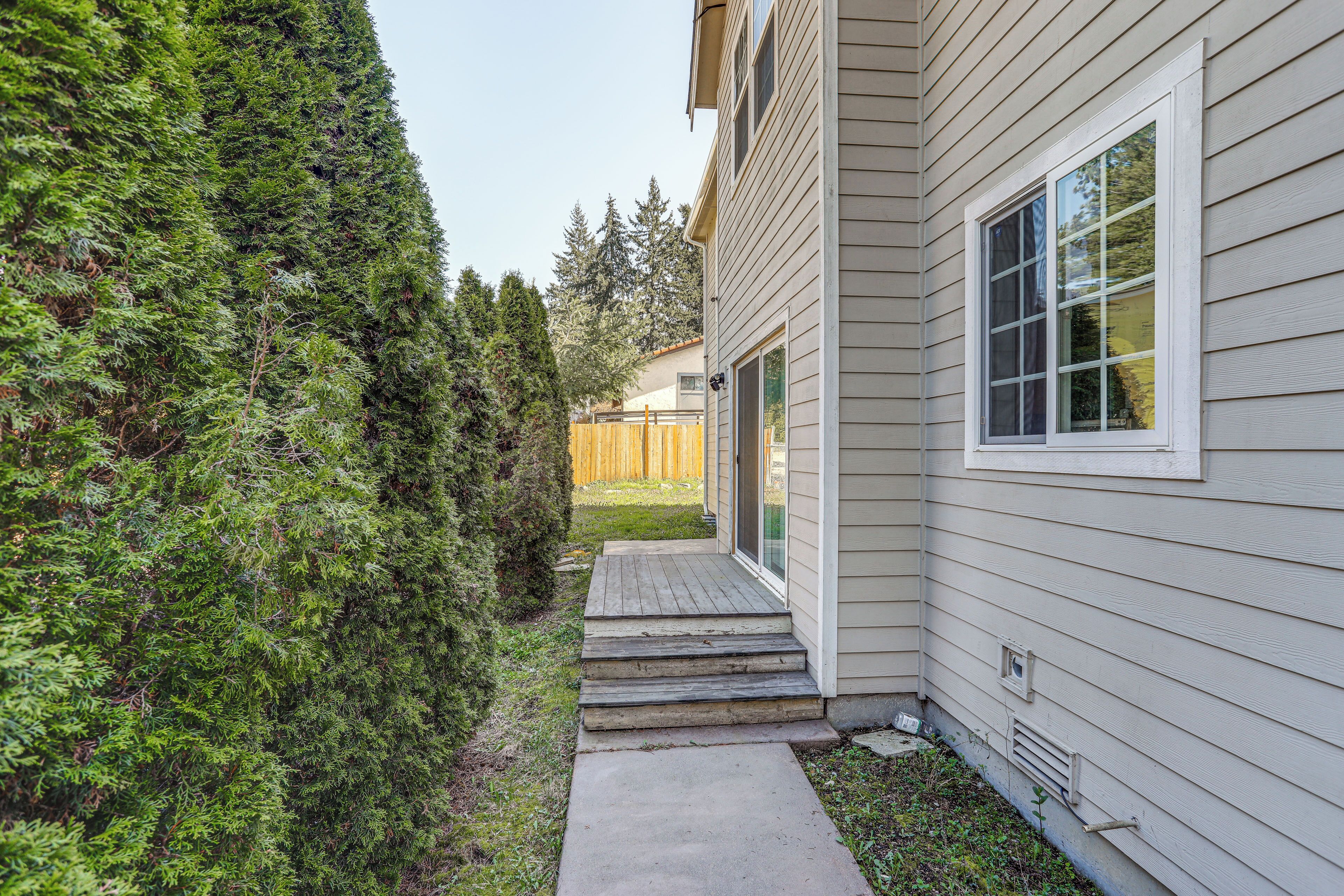 A house with a concrete pathway leading to the front door, surrounded by dense greenery and a wooden fence.