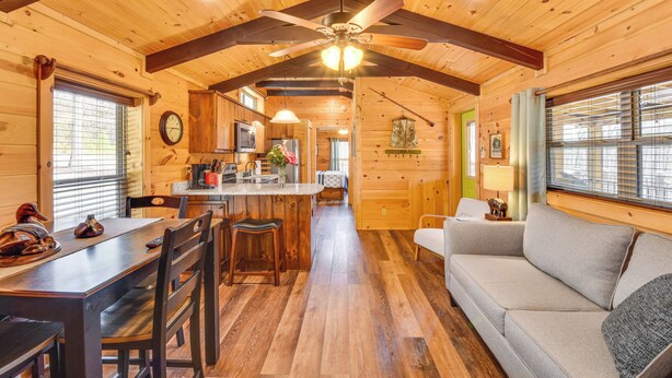 A cozy cabin interior with a dining area, kitchen, and living space. - Waterfront Seneca Cabin ~ 4 Mi to Boat Launch! (Seneca)