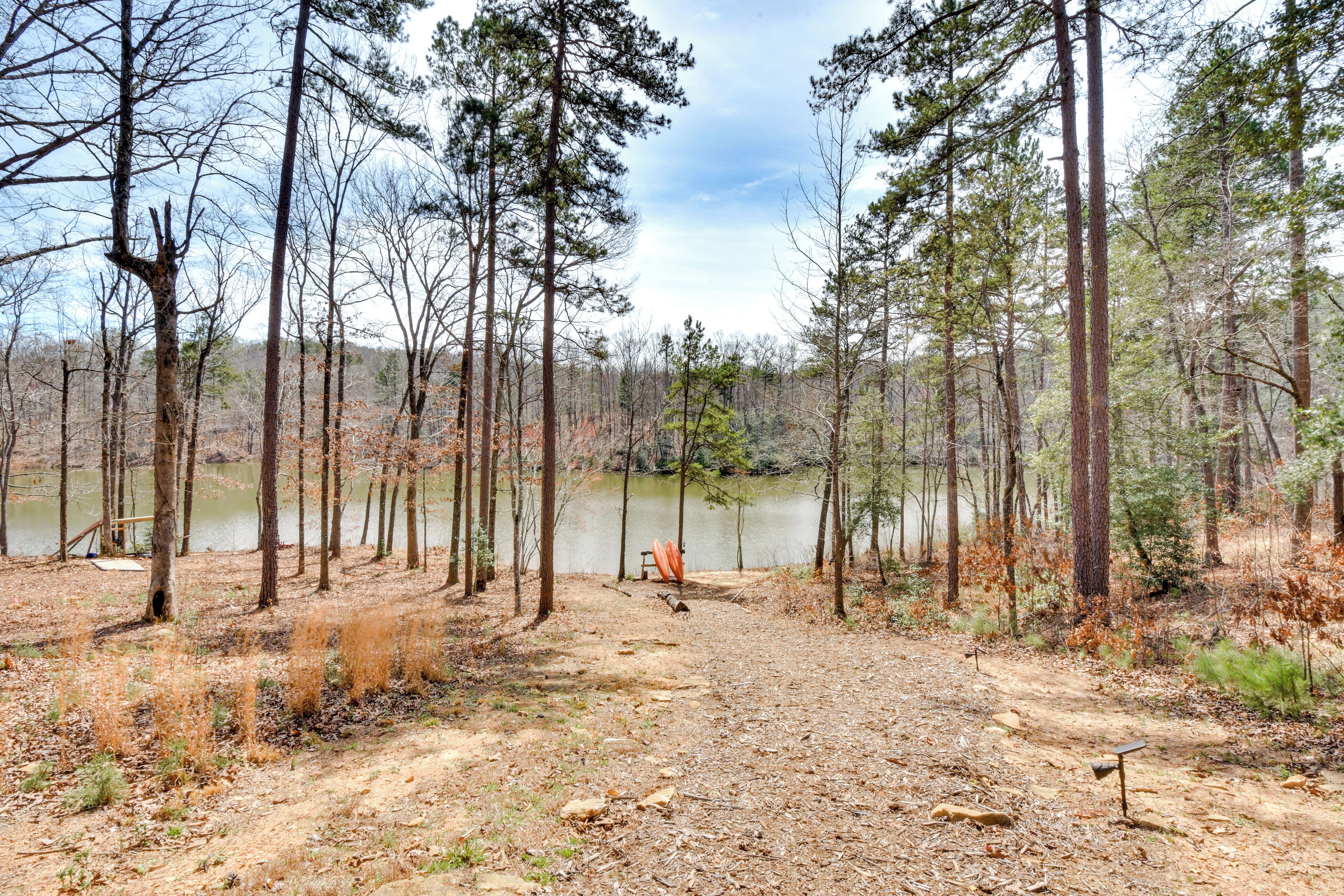 A forested area with a dirt path leading to a body of water, surrounded by tall trees.