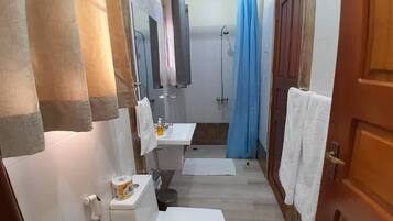 Shower, towels, soap, toilet paper