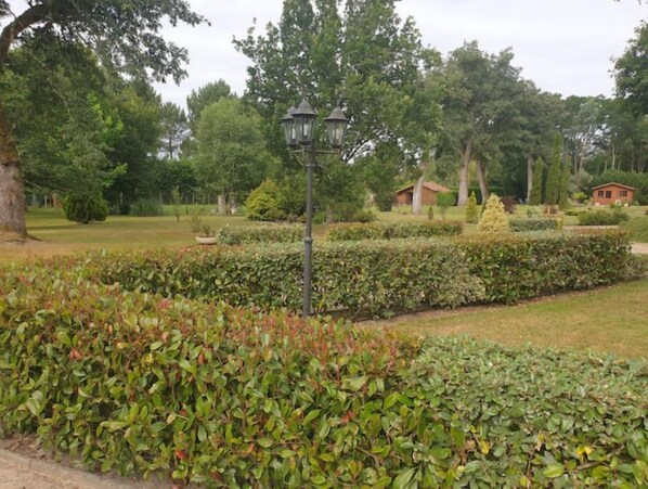 A well-maintained garden with neatly trimmed hedges, a traditional street lamp, and a small building in the background.