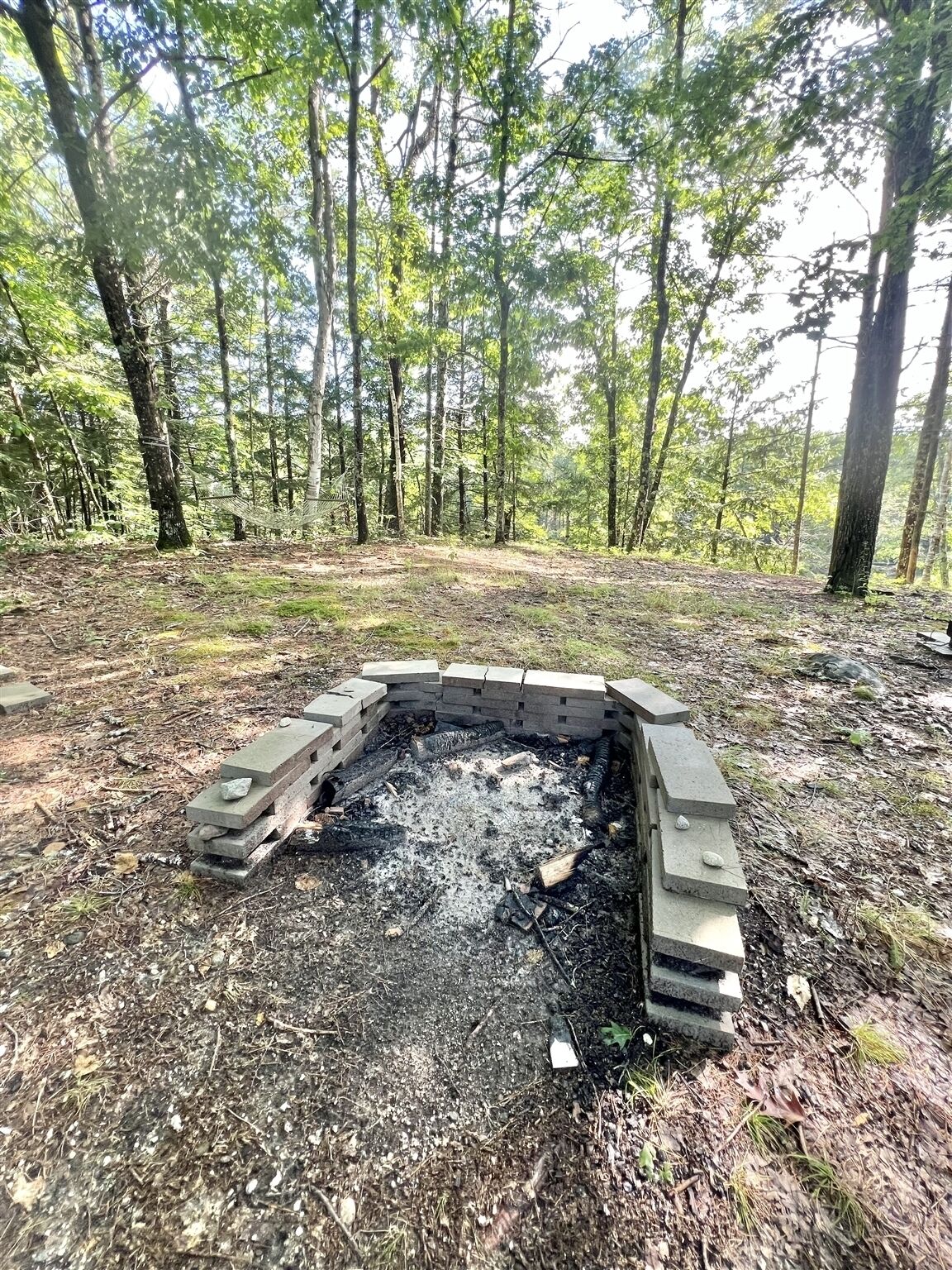 Un pozo de fuego de piedra circular rodeado de un área boscosa.