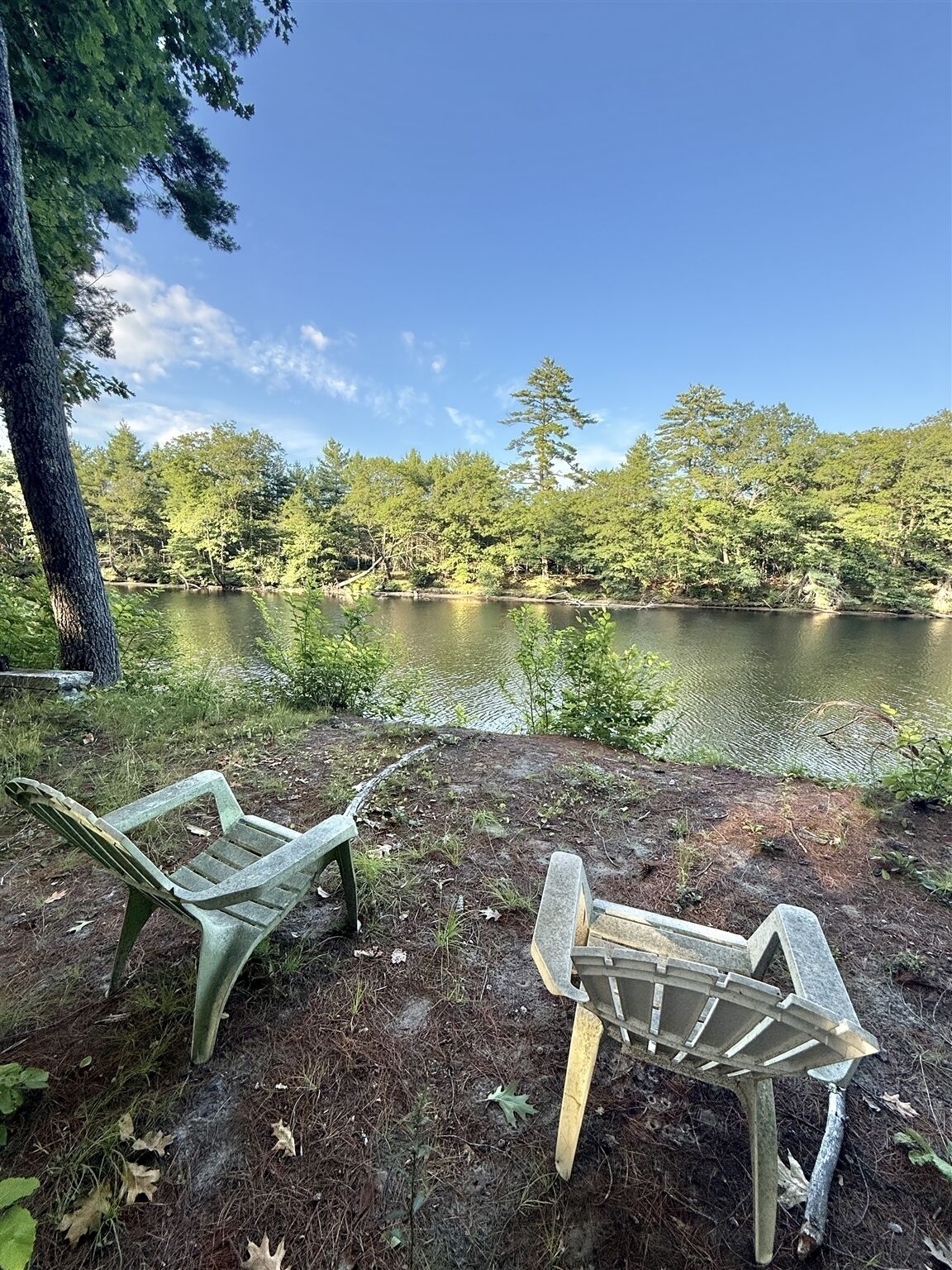Two Adirondack chairs facing a lake surrounded by trees.