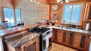 Une cuisine rustique aménagée dans une cabane en bois, avec un îlot central servant de cuisinière, un évier et un coin repas comprenant une table et des chaises.
