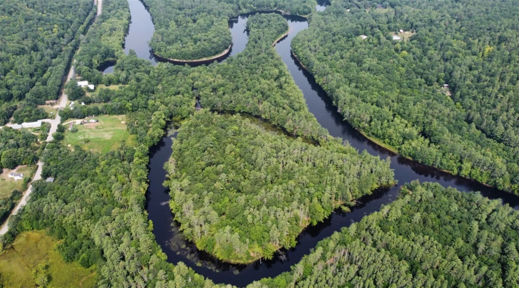 An aerial view of a forested area with a winding river.
