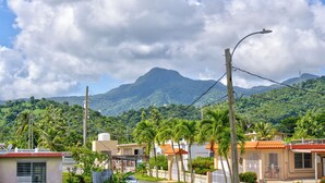 Un quartier résidentiel avec des maisons, un lampadaire et une montagne en arrière-plan.