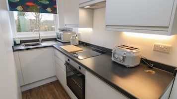 Fridge, electric kettle, toaster, cookware/dishes/utensils