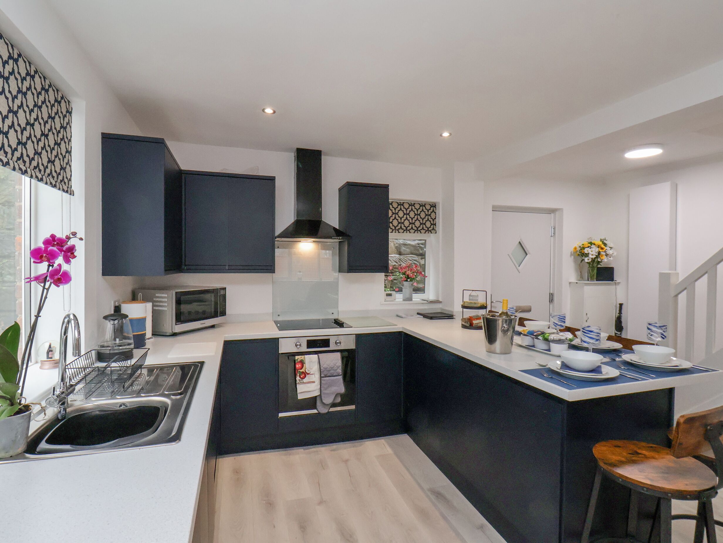 Fridge, electric kettle, cookware/dishes/utensils