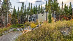 A modern cabin with a staircase leading to a deck, surrounded by dense forest and autumn foliage. - Plein air & détente au Mont Adstock - Le OLI (Adstock)