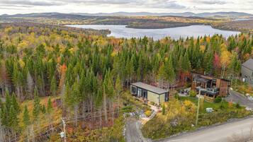 A modern cabin with a deck overlooking a forested area and a lake.
