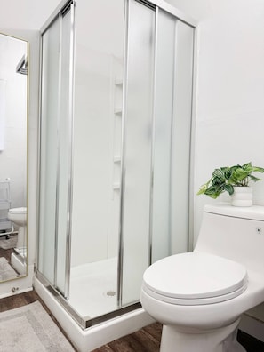 A modern bathroom with a glass-enclosed shower, a white toilet, and a small potted plant on the toilet tank.
