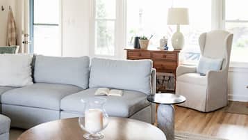 Smart TV, fireplace, books