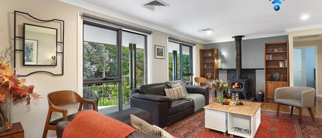 TV connectée, cheminée, livres, espaces bureaux