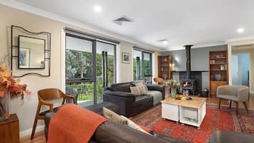 Smart TV, fireplace, books, offices