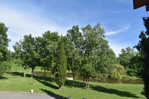 A grassy area with trees and a body of water.