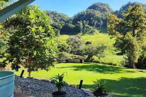 A lush green landscape with a small building surrounded by trees and grass.