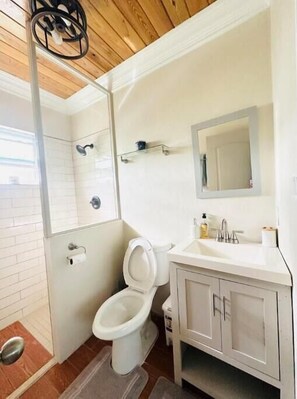 A bathroom with a toilet, sink, mirror, and shower.