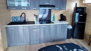 Une cuisine de taille réduite avec des meubles gris, une cuisinière noire et un four à micro-ondes.