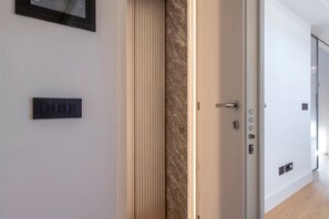 An elevator with a control panel, a door with a handle, and a wall-mounted light switch.