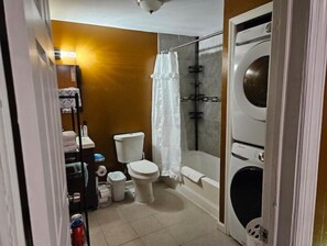 Hair dryer, towels, soap, shampoo