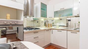 Een koelkast, een magnetron, een oven, een koffiezetapparaat/waterkoker