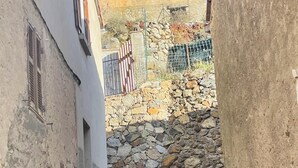 A narrow stone-paved alleyway flanked by buildings with stone walls and windows. - Appartement Dans la Montagne (Albertacce)