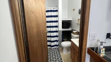 Hair dryer, towels, soap, toilet paper