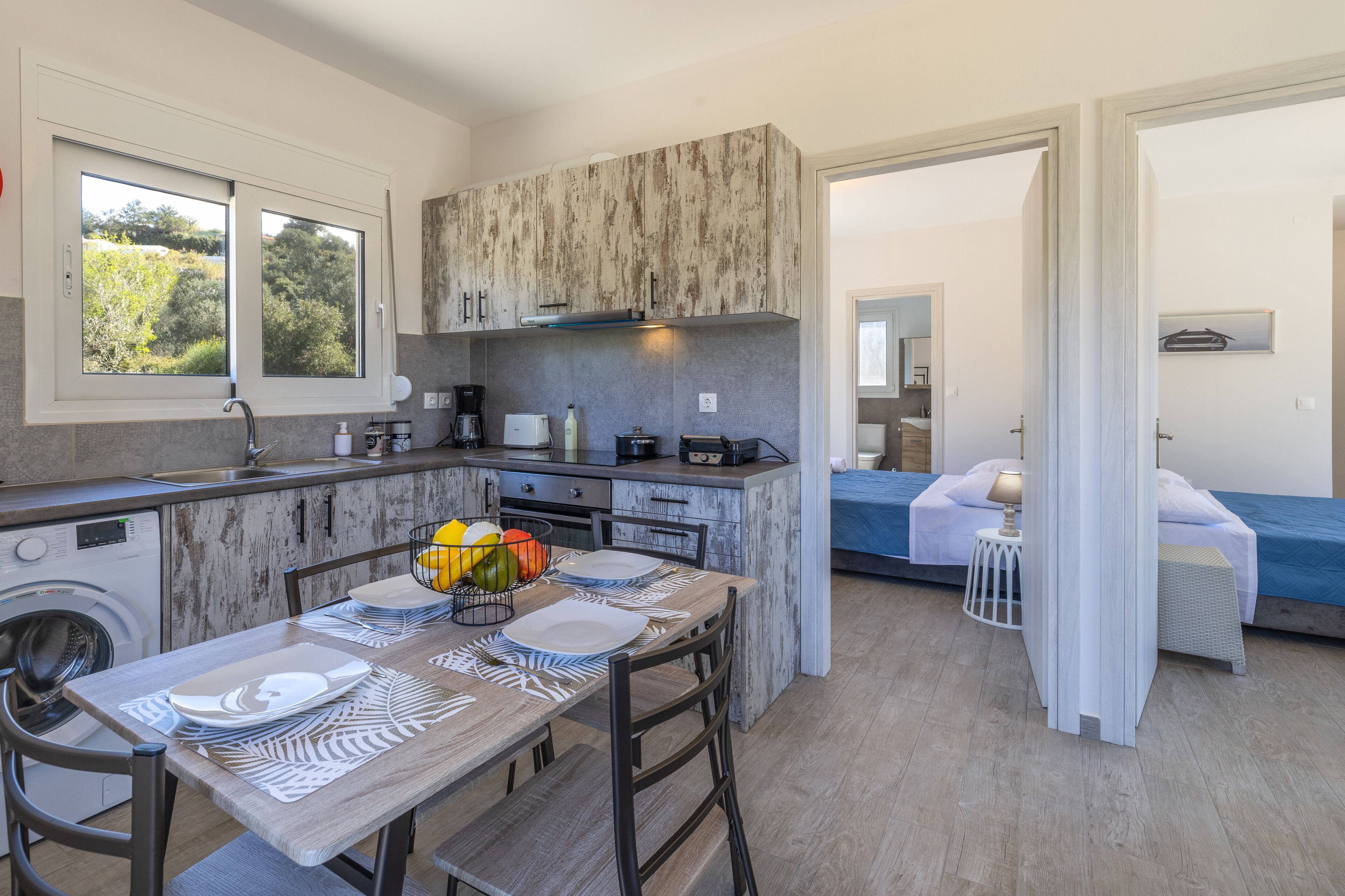 Fridge, oven, electric kettle, toaster