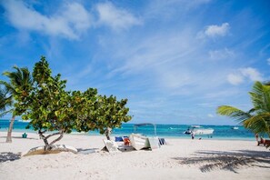 Playa en los alrededores, camastros y toallas de playa 