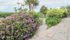 Un sentier de jardin bordé de fleurs violettes et de différentes plantes.