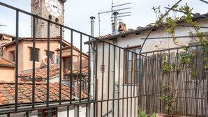 A balcony with a table, potted plants, and a bowl of fruit. - Clocktower Penthouse (Lucca)