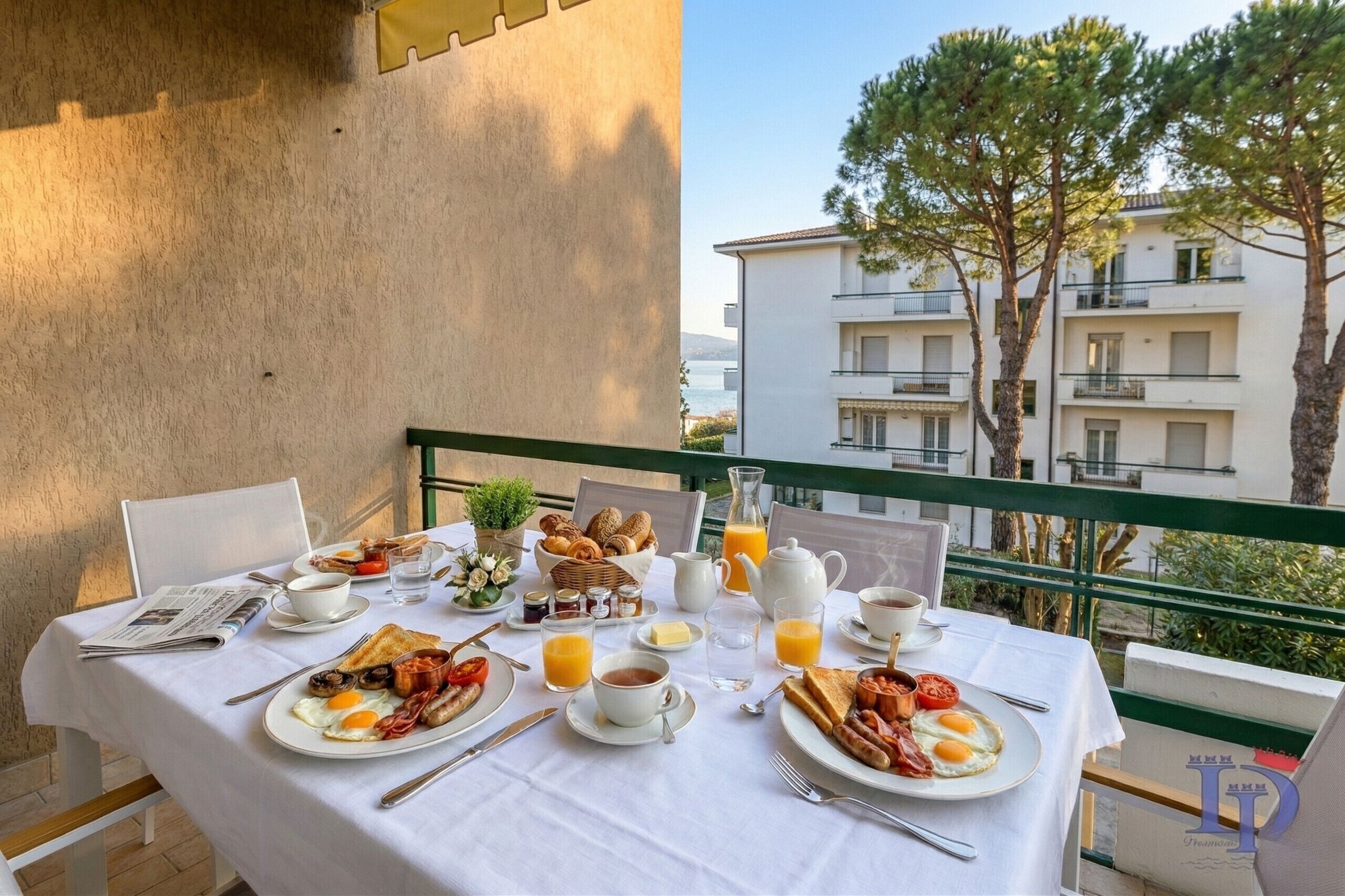 Una mesa de desayuno preparada con huevos, tocino, tostadas y jugo, en un balcón con vista a un edificio y árboles.